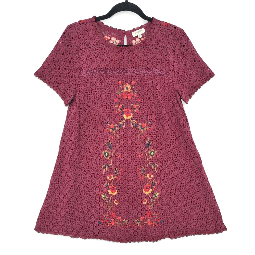 Umgee Burgundy‎ Lace Dress Floral Embroidery Boho Tunic Mini Dress Size S